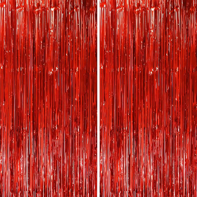 2 Pack Red Foil Fringe Backdrop Curtains, Tinsel Streamers Birthday Party by Voircoloria