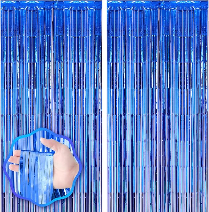 2 Pack Blue Foil Fringe Backdrop Curtains, Tinsel Streamers Birthday Party by Voircoloria