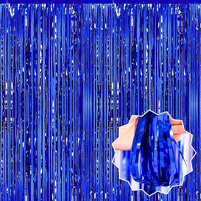 3 Pack Blue Foil Fringe Curtains Backdrop, 3.28 x 9.8 Ft Metallic Streamers by LANTIANCHEN