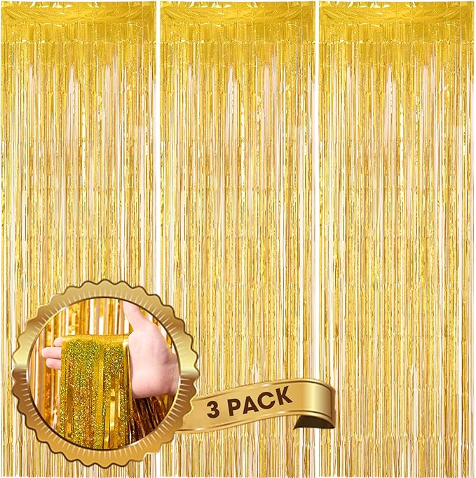 3 Pack 3.3 x 8.2 ft Laser Gold Foil Fringe Backdrop Curtains, Tinsel Streamers by Voircoloria
