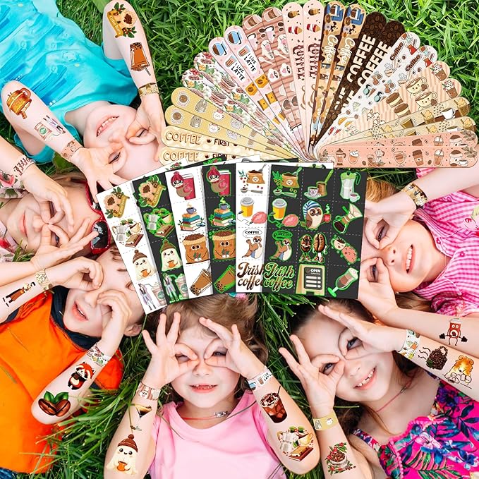 96 PCS Coffee Party Favors Set – 72 Pre-Cut Temporary Tattoos & 24 Slap - Image 6