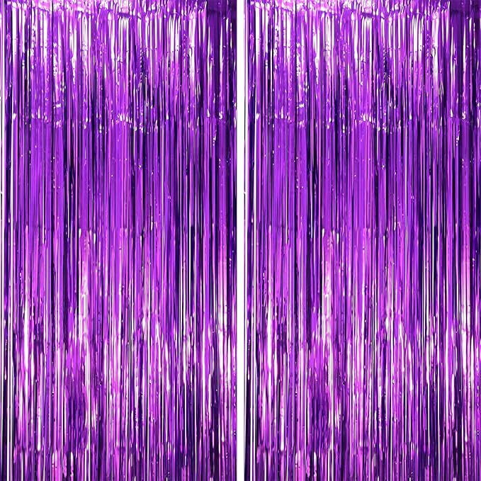 2 Pack Purple Tinsel Foil Fringe Curtains, Metallic Tinsel Party Streamers by Voircoloria