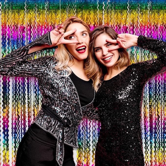 4 Pack Rainbow Wave Foil Fringe Curtain Backdrop, 3.28Ft x 8.2Ft Metallic - Image 6