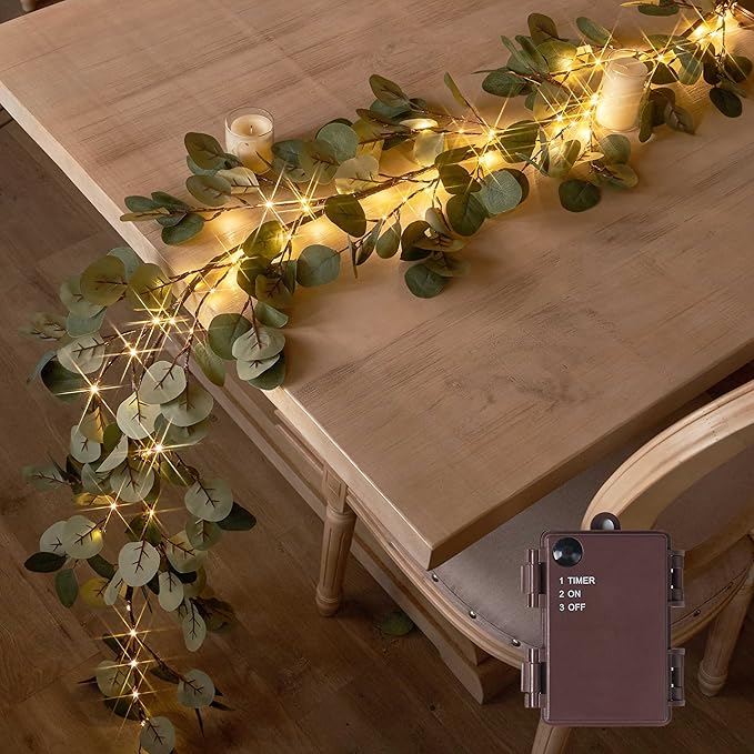 Hairui Lighted Artificial Eucalyptus Garland 6FT 96 LED Battery Operated Faux by Hairui
