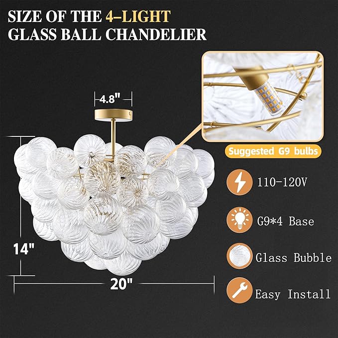 Bubble Ball Semi Flush Mounting Ceiling Light Fixtures, Dia 20 inch Gold and - Image 3