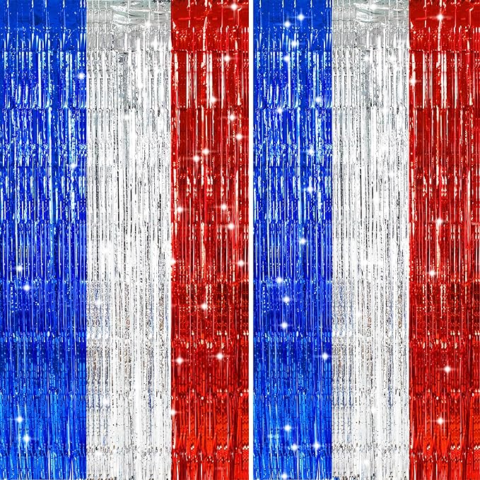 TONIFUL Red White and Blue Tinsel Foil Fringe Curtains, 4th of July Decorations by TONIFUL