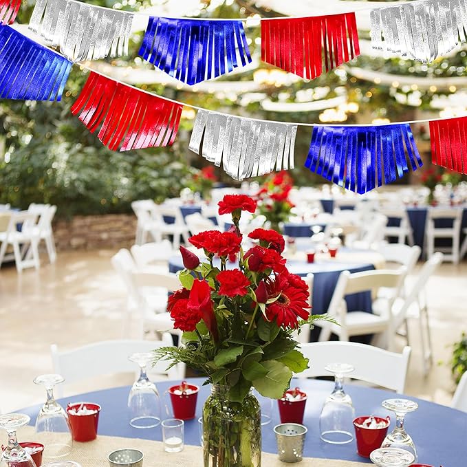 Blue Red Silver Tassel Banner Metallic Fabric Pennant Bunting Flag - Image 6