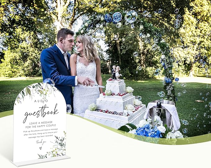 Greenery Audio Guest Book Sign, 6 x 8 Inch White Arch Acrylic Wedding Sign - Image 6