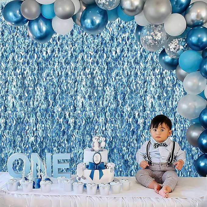 TONIFUL 3Pcs Wavy Metallic Tinsel Foil Fringe Curtains Light Blue Streamer - Image 5