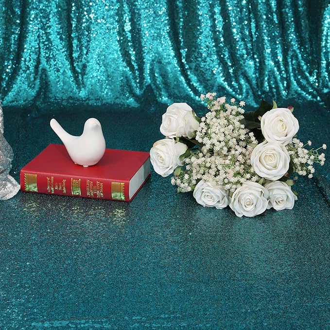 Poise3EHome 2Pcs 3Ft x 8Ft Teal Sequin Backdrop Curtain, Glitter Photography - Image 5