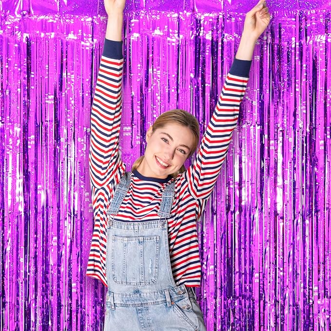 2 Pack Purple Tinsel Foil Fringe Curtains, Metallic Tinsel Party Streamers - Image 7