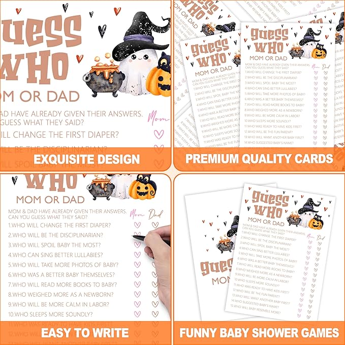 Baby Shower Games, Halloween Guess Who Mom or Dad, 25 Double-Sided Game Cards - Image 3