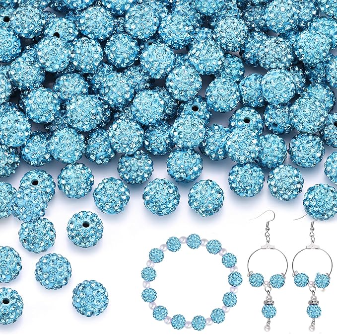 100 pcs 10mm Rhinestone Beads for Jewelry Making, Aquamarine Shiny Round by TINKRSTUFF