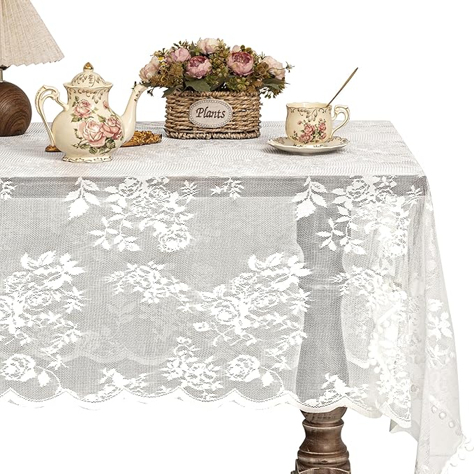 Jayla White Lace Tablecloth for Rectangular Tables, Vintage Style Wedding Table by Jayla
