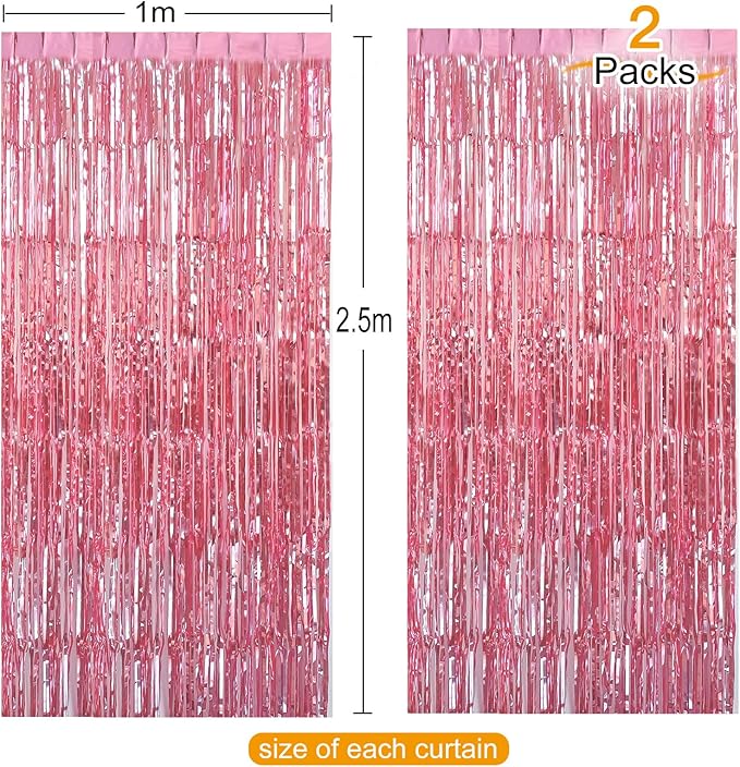 CHRORINE 2pcs 3ft x 8.3ft Pink Tinsel Foil Fringe Curtains Streamers Backdrop - Image 2