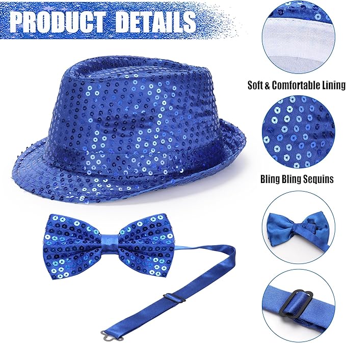 10 Pcs Unisex Sequin Fedora Hat Sequin Bow Ties Set Bling Retro Dance Jazz Cap - Image 3
