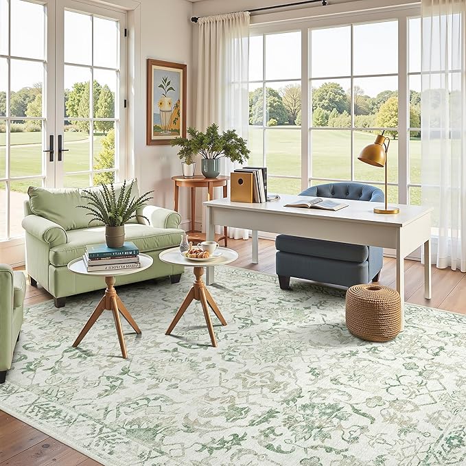 Beige Green Area Rugs 6x9 for Living Room, Washable Vintage Rugs for Bedroom - Image 3