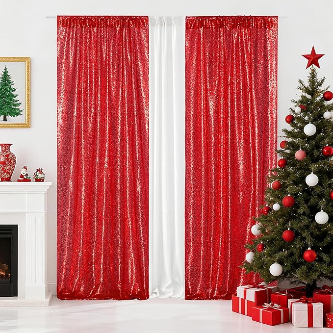 Poise3EHome 2Pcs 3Ft x 8Ft Red Sequin Backdrop Curtain - Image 3