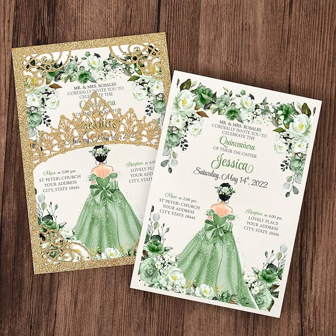 50Pcs Sage Green Crown Quinceanera Invitation - Image 2
