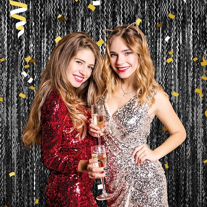 4 Pack Black Wave Foil Fringe Curtain Backdrop, 3.28Ft x 8.2Ft Metallic Tinsel - Image 6