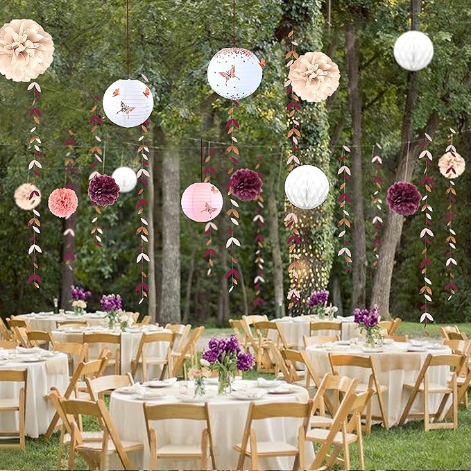 Burgundy Rose gold Pink Party Decorations Lanterns Flowers Pom Pom - Image 8