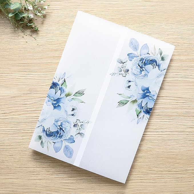 PONATIA 50PCS Vellum Jackets for 5x7 Invitation Cards- 135GSM Light Blue Floral by ponatia