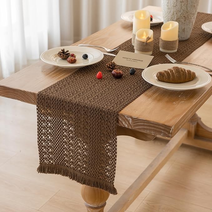 Boho Brown Table Runner for Home Decor 12x90 Inches Farmhouse Macrame Burlap - Image 4