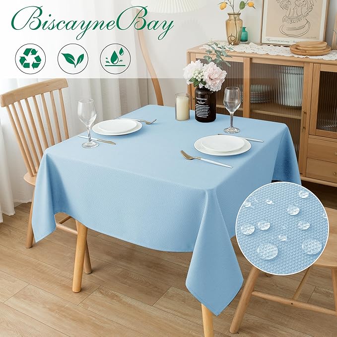 Biscaynebay Fabric Square Tablecloths 70x70 Inches, Light Blue Water Resistant - Image 2