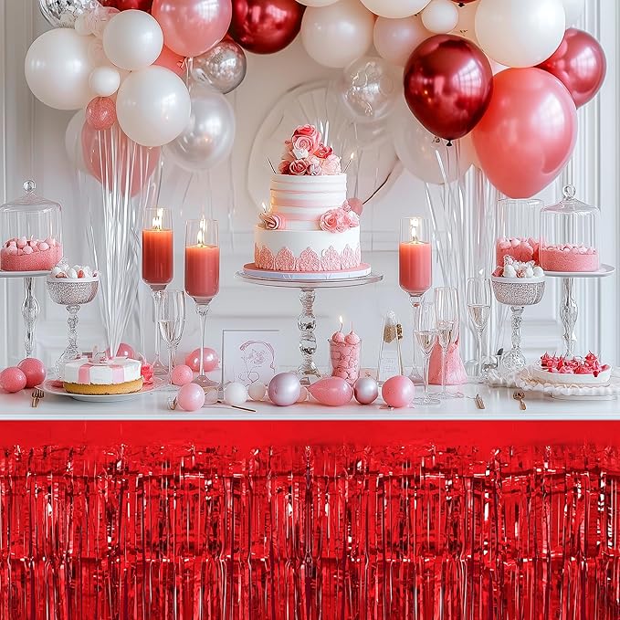 2 Pack Red Green Table Skirts, 29x108" Metallic Foil Tinsel Fringe Table Skirt - Image 5