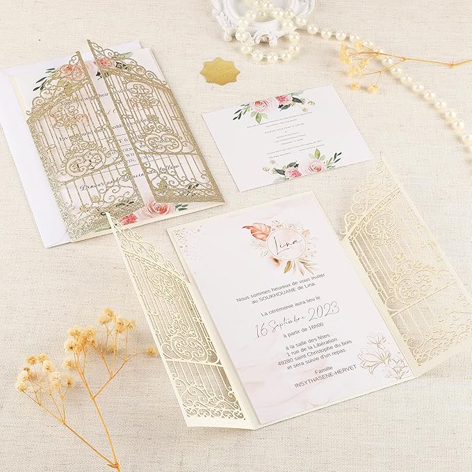50PCS Gold Glitter Wedding Invitations Laser Cut Invitations - Image 7