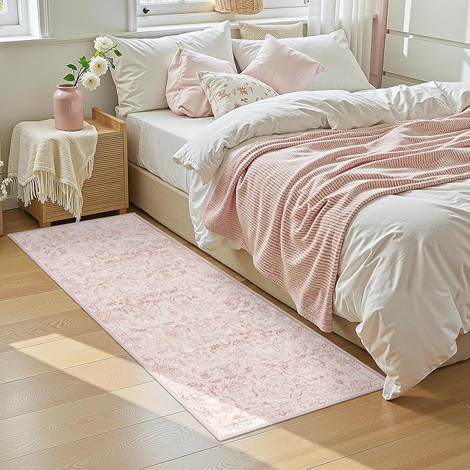 Pink 2x6 Runner Rug for Hallways Bed Side Kitchen, Boho Washable Distressed - Image 2