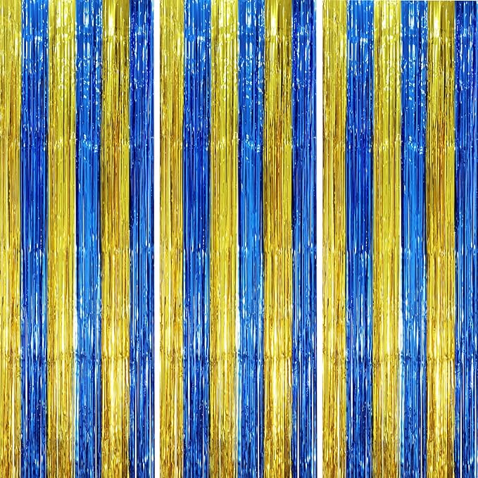 3 Pack 3.3 x 8.2 ft Blue Gold Foil Fringe Backdrop Curtains, Tinsel Streamers by Voircoloria