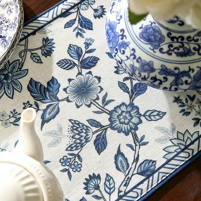 Decorative Linen Table Runner 87 Inches Long, Chinoiserie Blue Floral Cloth - Image 3