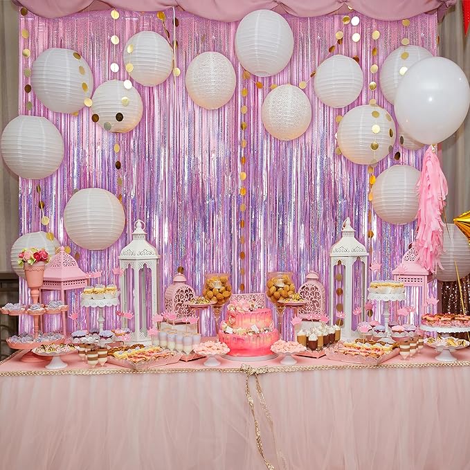 Crosize 2 Pack 3.3 x 9.9 ft Pink Foil Fringe Backdrop Curtain, Streamer - Image 4