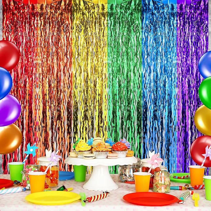 2 Pack 3.3X6.6Ft Rainbow Wavy Foil Fringe Curtains Backdrop Decorations - Image 4