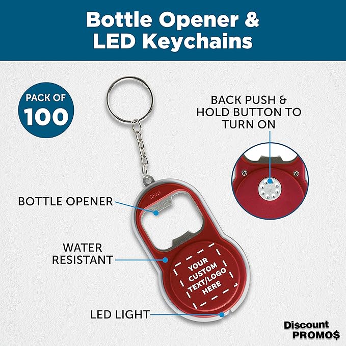 DISCOUNT PROMOS Custom Bottle Opener & LED Keychains Set of 100, Personalized - Image 3