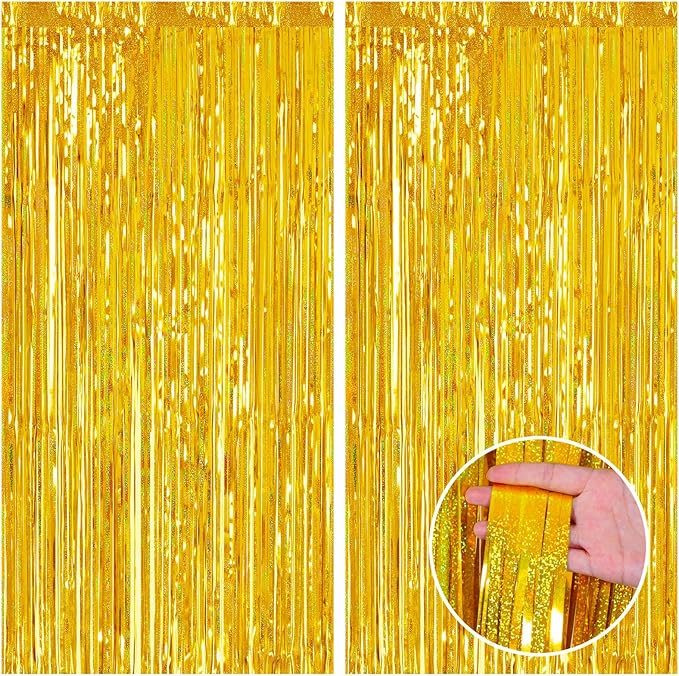 CANREVEL 2 Pack 3.3x8.2 Feet Laser Gold Foil Fringe Backdrop Curtains, Tinsel by CANREVEL