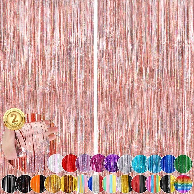 Rose Gold Foil Party Streamers 2 Pack Metallic Tinsel Fringe Curtain 3.3X 8.3ft by UWPVOWSR