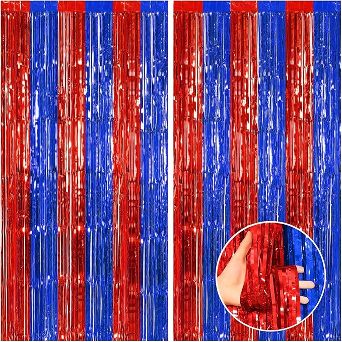 CANREVEL 2 Pack 3.3x8.2 Feet Blue and Red Foil Fringe Backdrop Curtains by CANREVEL