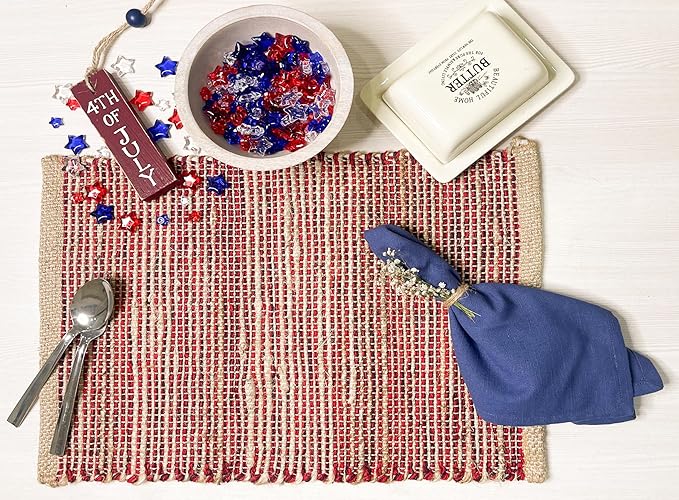 Chardin Home Natural Jute & Red Placemats, 13x19 Inch Dining Table Placemats - Image 5