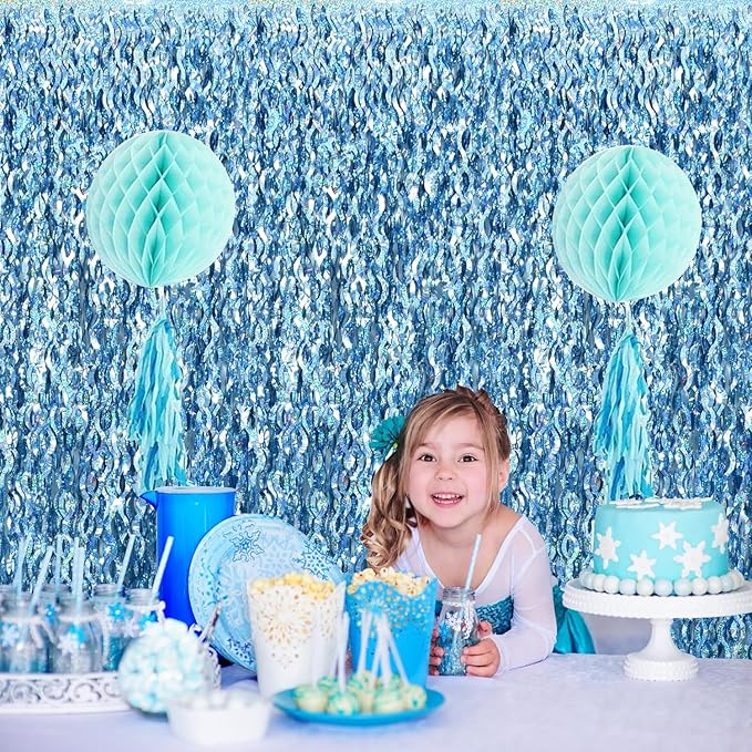 TONIFUL 3Pcs Wavy Metallic Tinsel Foil Fringe Curtains Light Blue Streamer - Image 6