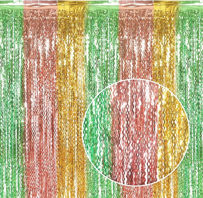 3 Pack Gold Green and Rose Gold Foil Curtain Party Decorations - Image 2