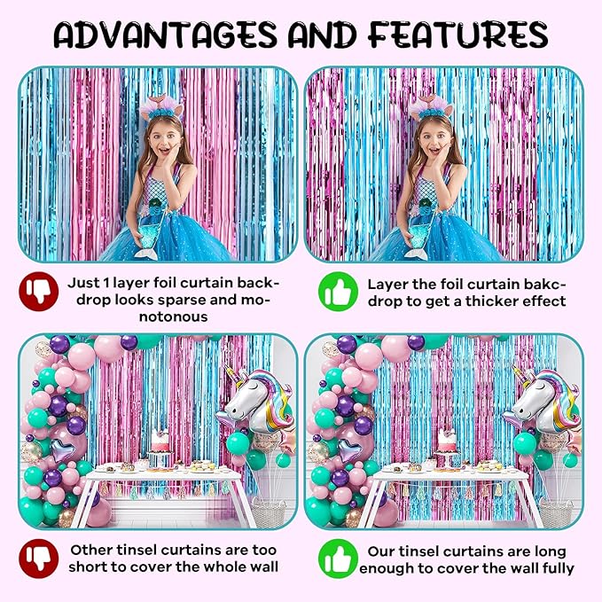 4 Pack 3.3x8.2 Feet Blue and Pink Foil Fringe Backdrop Curtains, Tinsel - Image 5