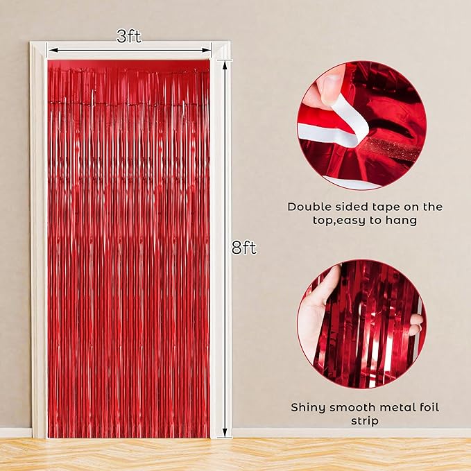 BTSD-home Red Foil Fringe Curtain, Metallic Photo Booth Backdrop Tinsel Door - Image 3