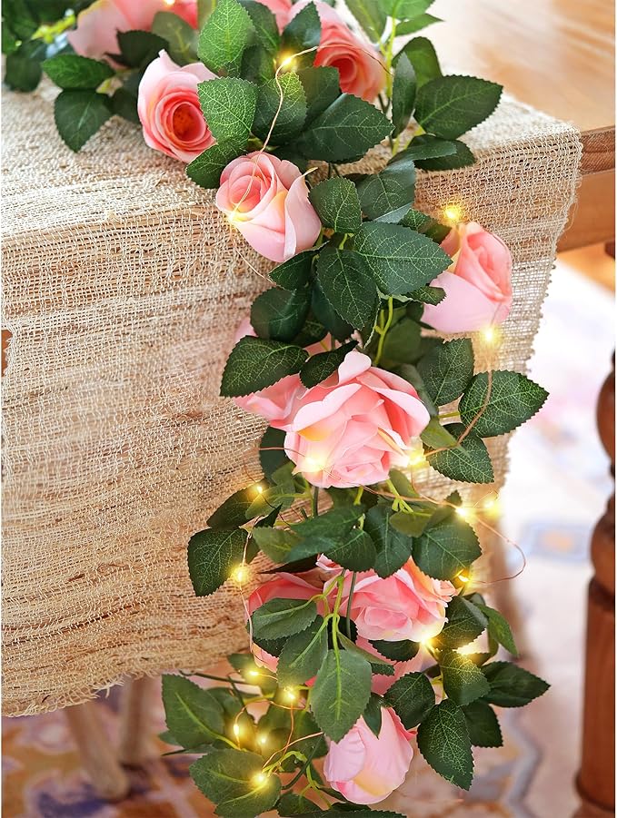 FiveSeasonStuff 29 Ft 4 Pack Amaranth Light Pink Rose Silk Flower Garland - Image 4