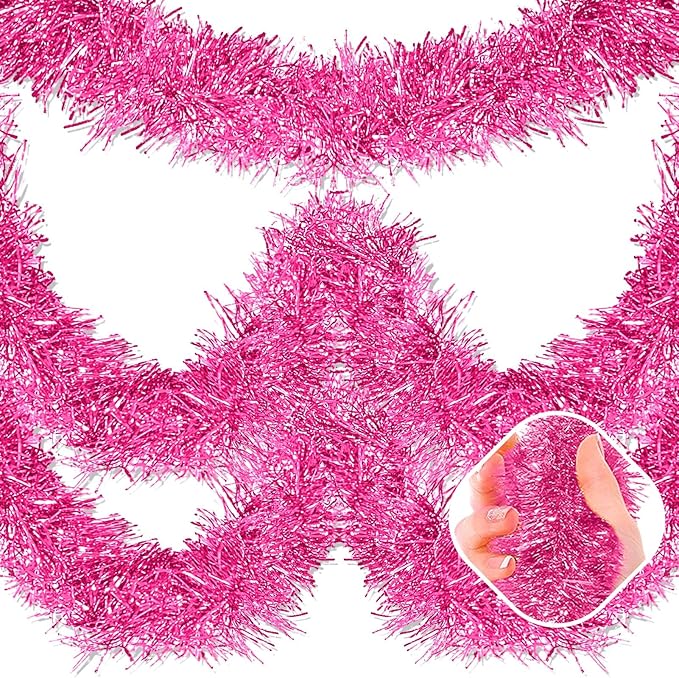 50 Feet Pink Christmas Tinsel Garland, Metallic Foil Twist Garland Wall Hanging by AIKENLIN