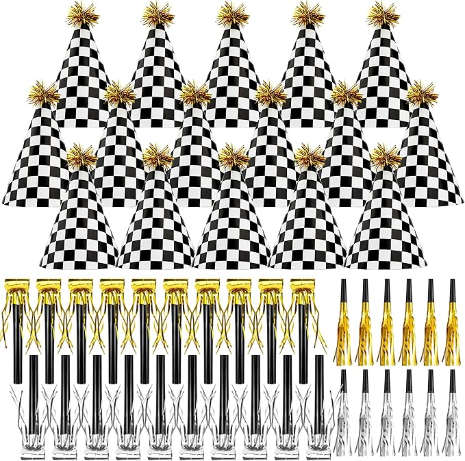 48 Race Car Birthday Party Hats Race Car Party Supplies Include Black White by JOYEONDEF