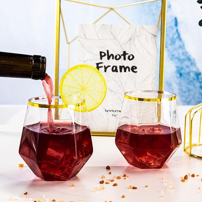 LUODA 32 Pack Gold Plastic Stemless Wine Glasses, 12 Oz Disposable Diamond - Image 5