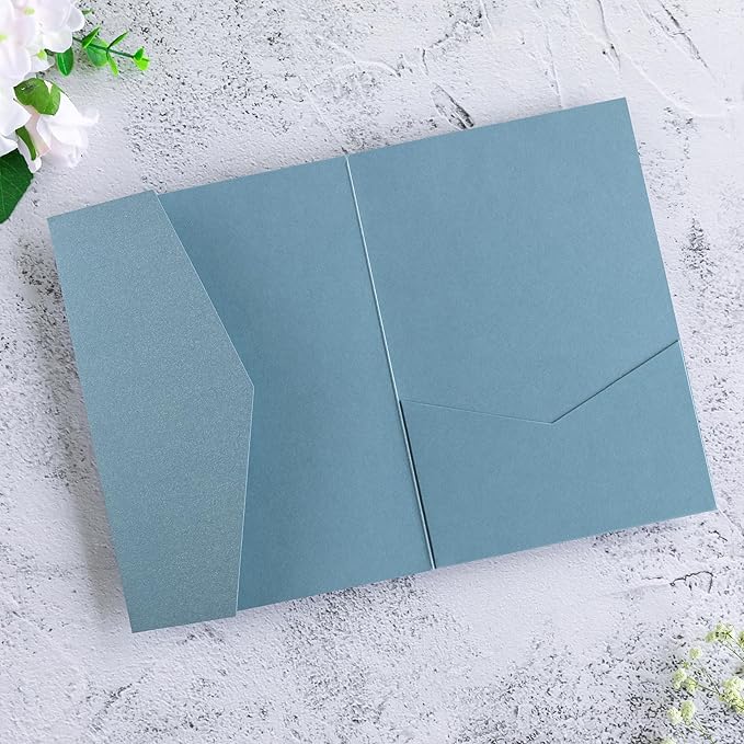 20 Pcs 5.12x7.1'' Sparkle Dusty Blue Tri-fold Laser Cut Wedding Invitation Cards - Image 7