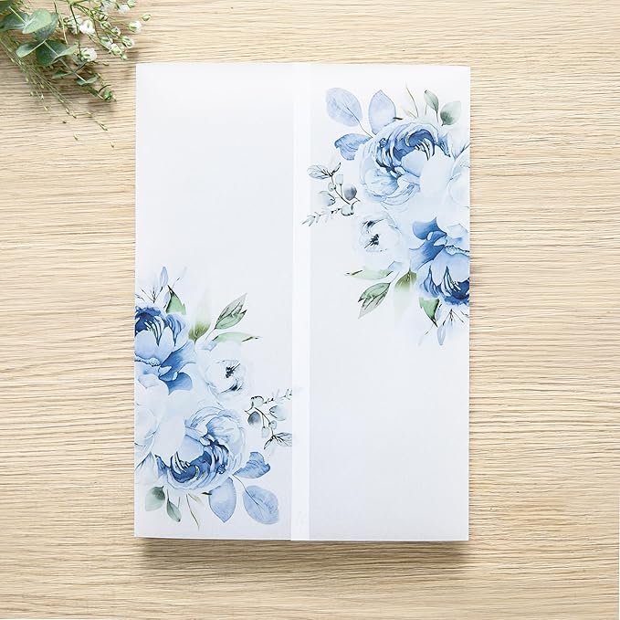 PONATIA 50PCS Vellum Jackets for 5x7 Invitation Cards- 135GSM Light Blue Floral - Image 9
